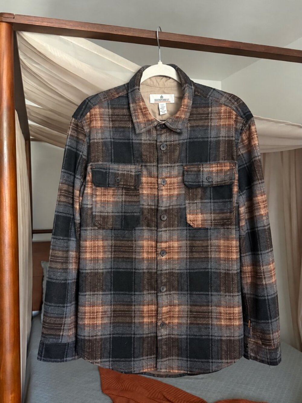 Rainforest Plaid Shirt Jacket Shacket Gray Brown Black Size L